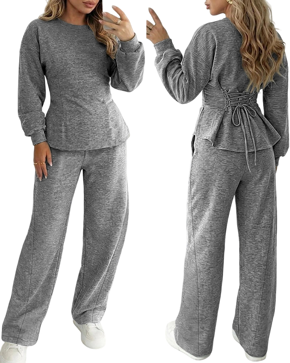 ChicMe Couture Women's 2 Piece Sweatsuit Set Long Sleeve Back Lace Up Pullover and High Waist Wide Leg Pants Lounge Tracksuit with Pockets