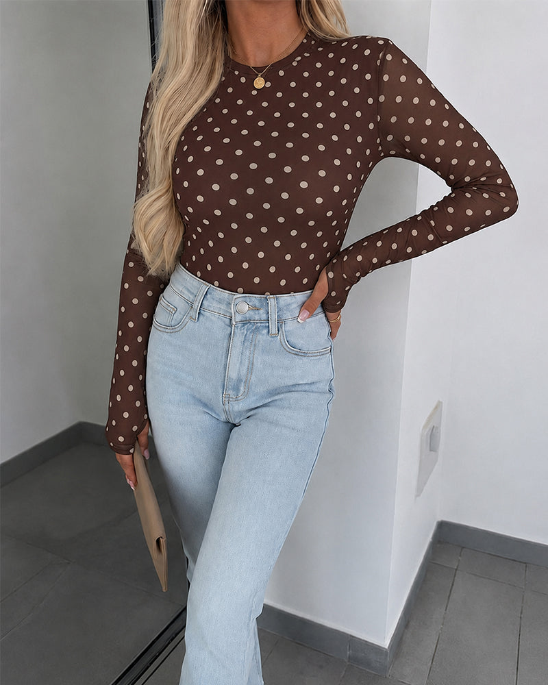 ChicMe Couture Women's Polka Dot Mesh Long Sleeve Top