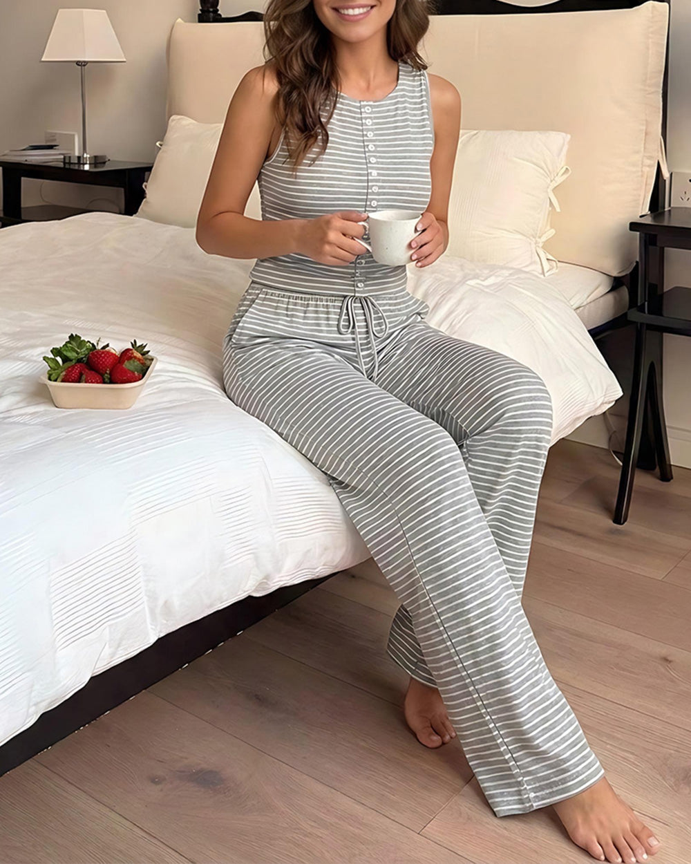 ChicMe Couture Lounge Sets For Women 2 Piece Striped Knit Pajama Set Red Bean Large