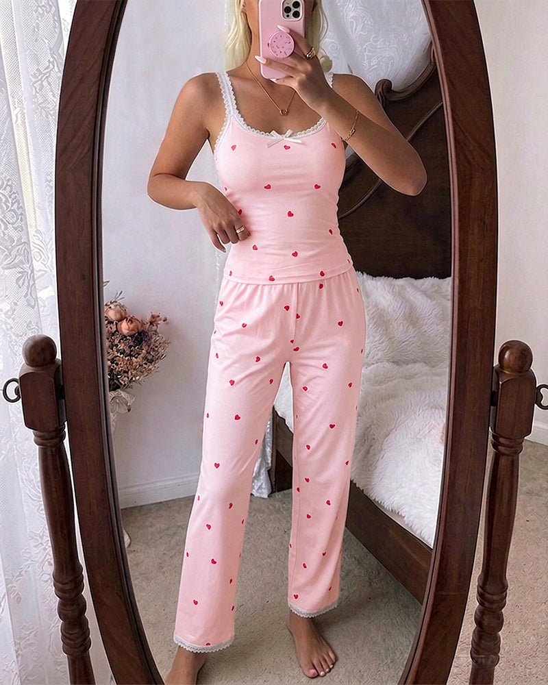 ChicMe Couture Women's Pajamas Set 2 Piece Ditsy Floral Print Lace Cami Top and Pants Loungewear with Pockets Sleepwear