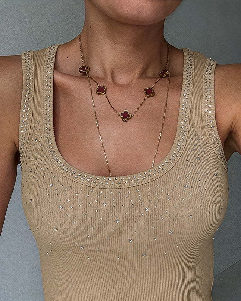 ChicMe Couture Womens Rhinestone Tank Top Fitted Ribbed Shirt Sparkly Rhinestone Ribbed Tank for Women, Flattering U Neck, Comfort Slim Fit Sleeveless Top for Casual & Going Out