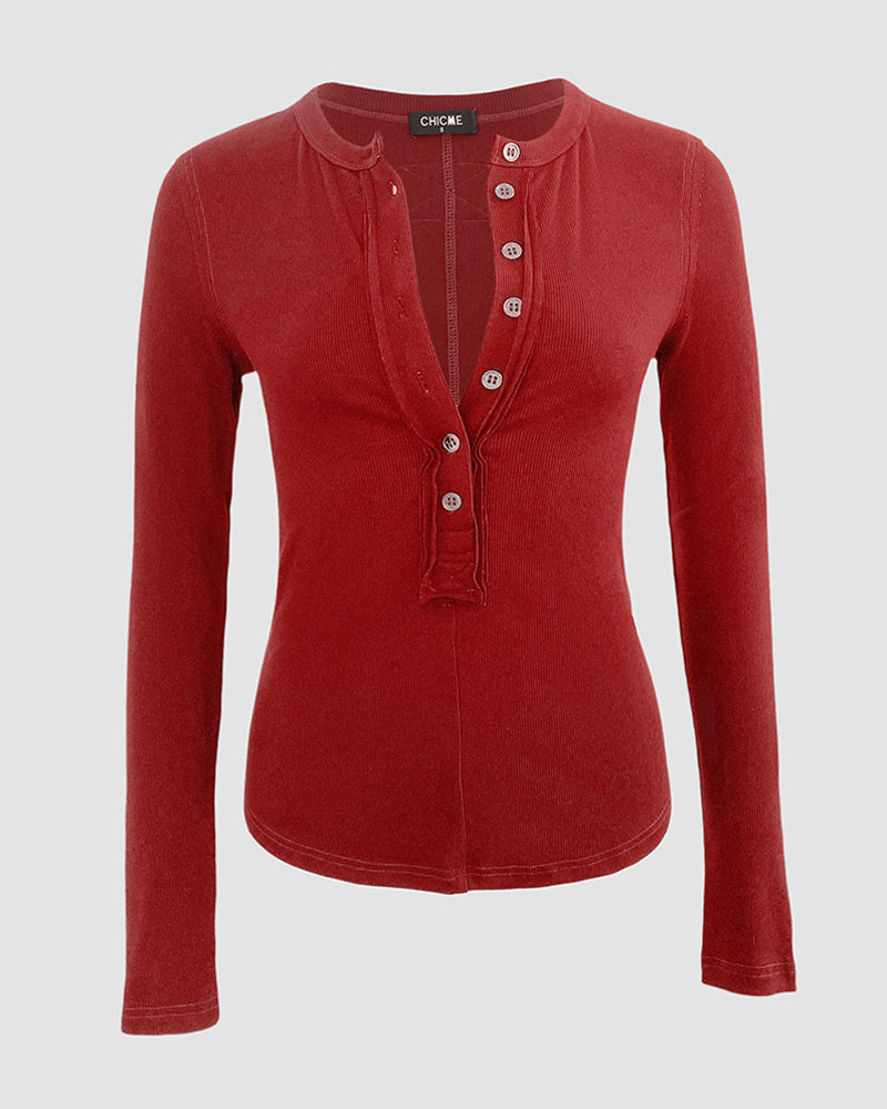 ChicMe Couture Women's Henley Long Sleeve Shirts Ribbed Button V Neck Top