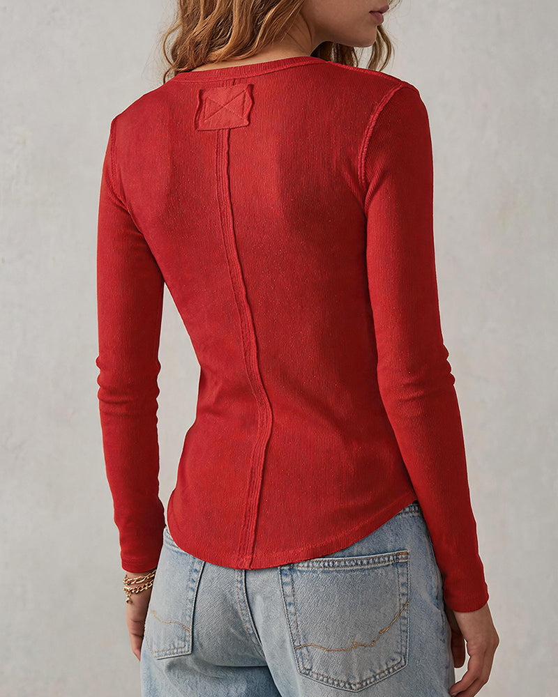 ChicMe Couture Women's Henley Long Sleeve Shirts Ribbed Button V Neck Top