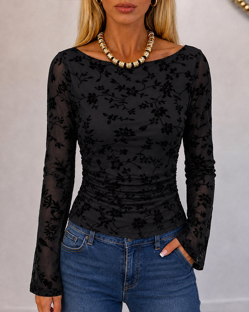 ChicMe Couture Women's Bell Sleeve Floral Mesh Top
