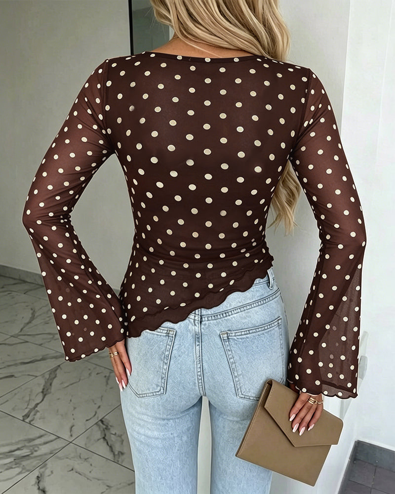 ChicMe Couture Womens Bell Sleeve Polka Dot Mesh Top Coffee Small