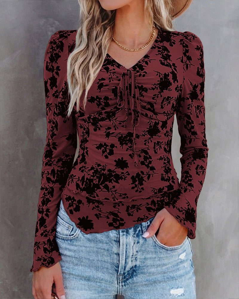 ChicMe Couture Women's Bell Sleeve Flocked Floral Mesh Top Lined Blouse Coffee Small