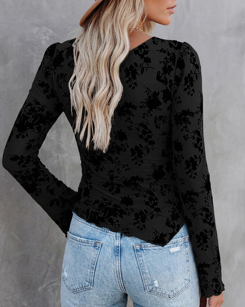ChicMe Couture Women's Bell Sleeve Flocked Floral Mesh Top Lined Blouse Coffee Small