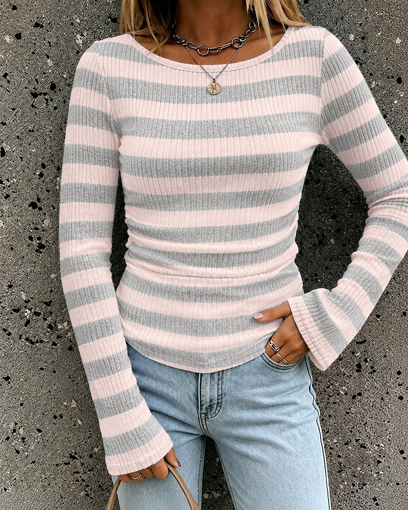 ChicMe Couture Women's Striped Brushed Ribbed Bell Sleeve Boat Neck Top