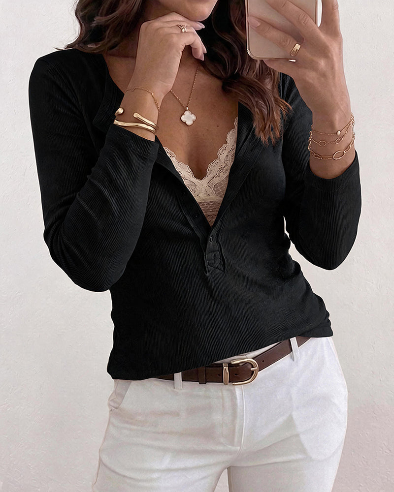 ChicMe Couture Women's Henley Long Sleeve Shirts Ribbed Button V Neck Top