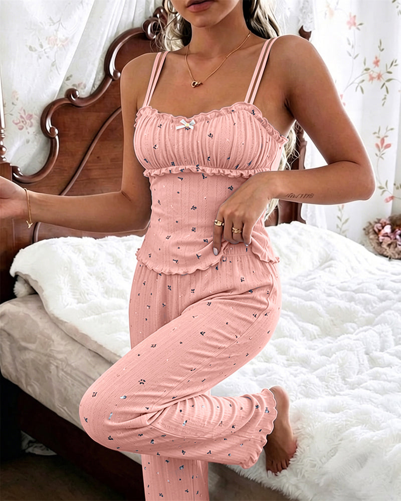 ChicMe Couture Womens Pajama Set Floral Ruched Cami Top 2 Piece Lounge Pjs