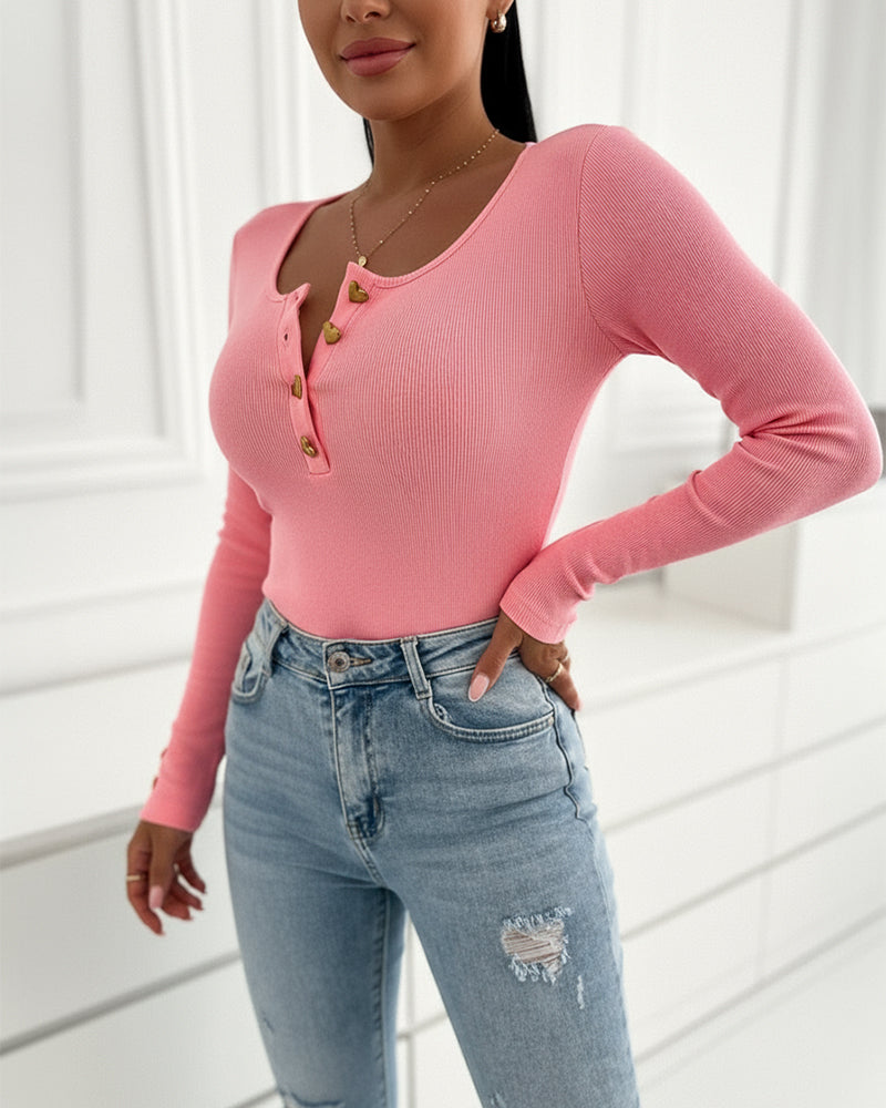 ChicMe Couture  Women's Square Neck Long Sleeve Heart Button Ribbed Top