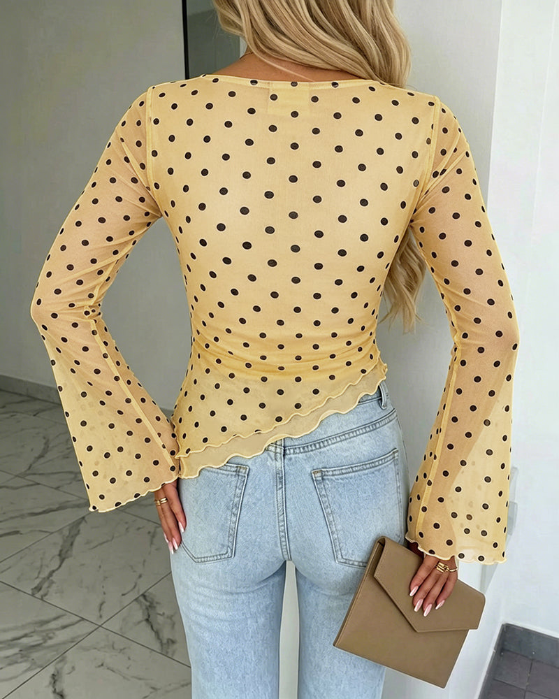 ChicMe Couture Womens Bell Sleeve Polka Dot Mesh Top Coffee Small