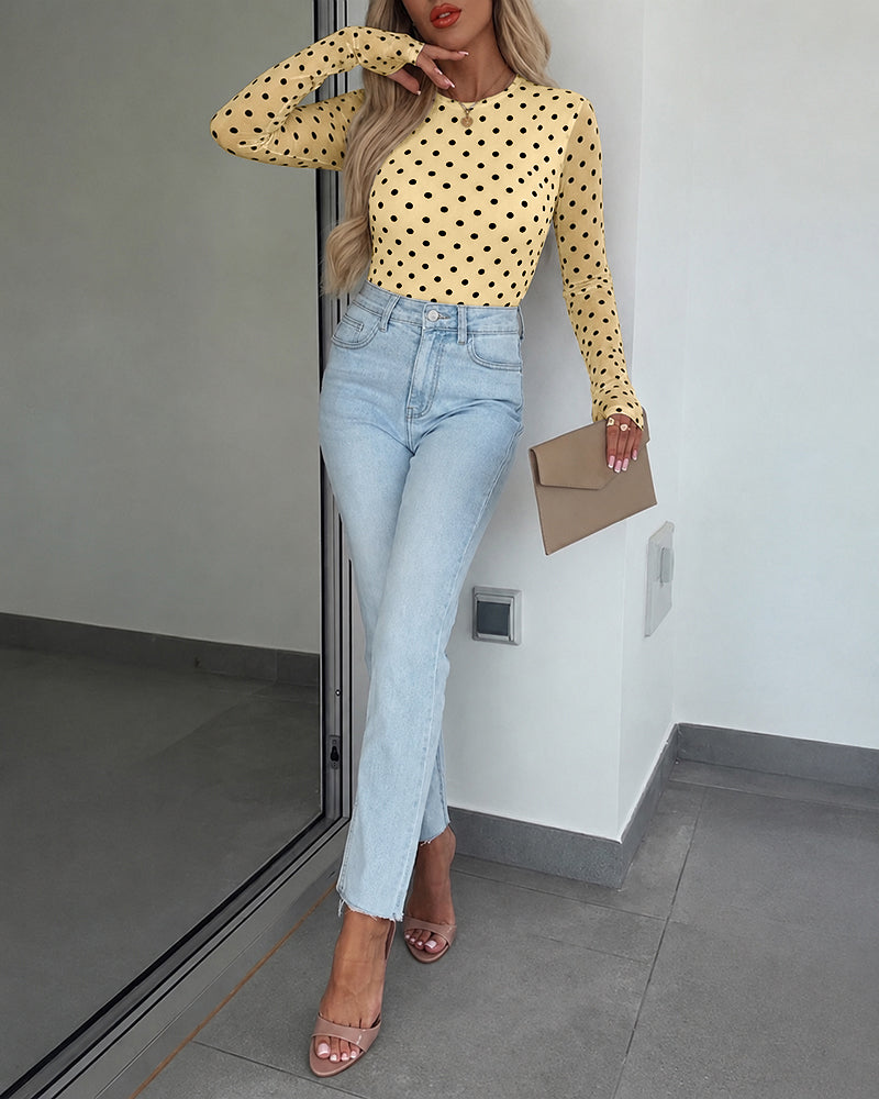 ChicMe Couture Women's Polka Dot Mesh Long Sleeve Top