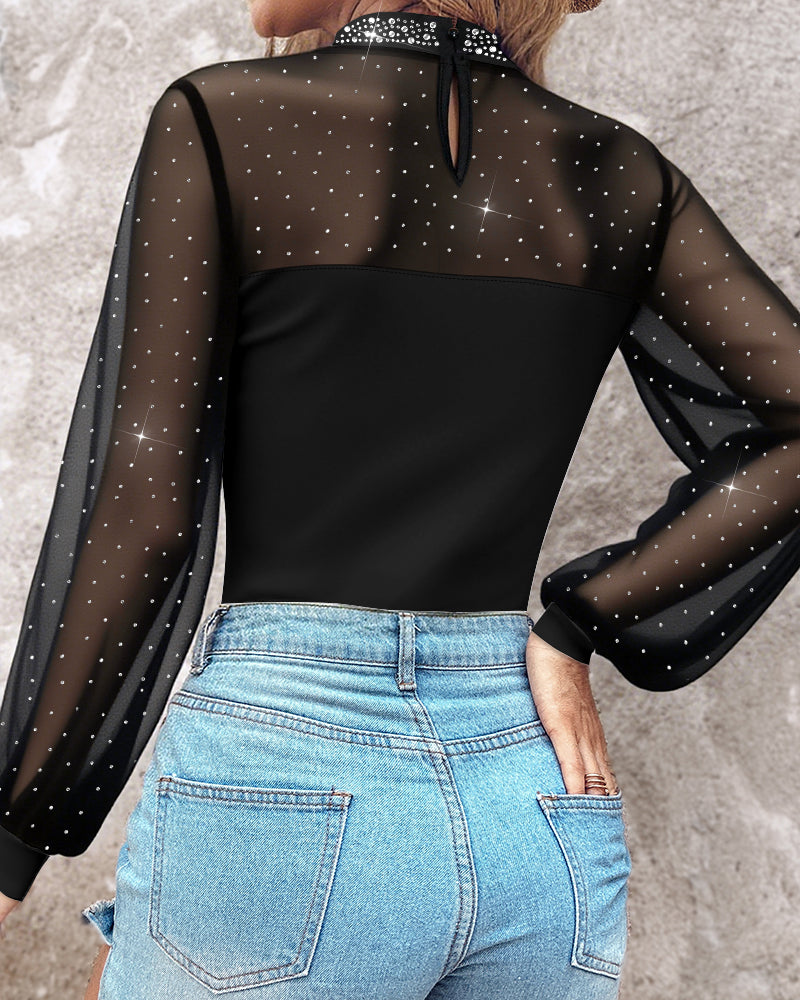 ChicMe Couture Women's Long Sleeve Rhinestone Mesh Spliced Top