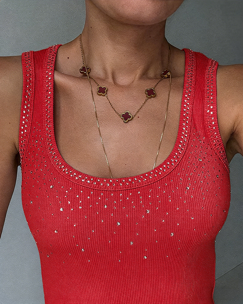 ChicMe Couture Womens Rhinestone Tank Top Fitted Ribbed Shirt Sparkly Rhinestone Ribbed Tank for Women, Flattering U Neck, Comfort Slim Fit Sleeveless Top for Casual & Going Out