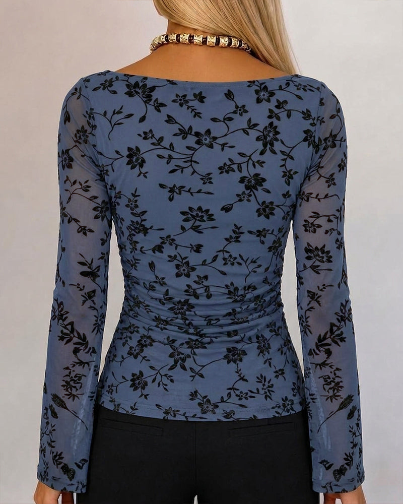 ChicMe Couture Women's Bell Sleeve Floral Mesh Top