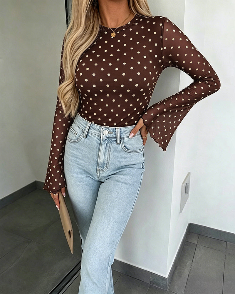 ChicMe Couture Womens Bell Sleeve Polka Dot Mesh Top Coffee Small