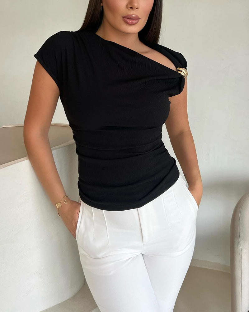 ChicMe Couture Womens Summer Skew Neck Tops Going Out Fitting T Shirts Short Sleeve Ruched Asymmetrical Blouses