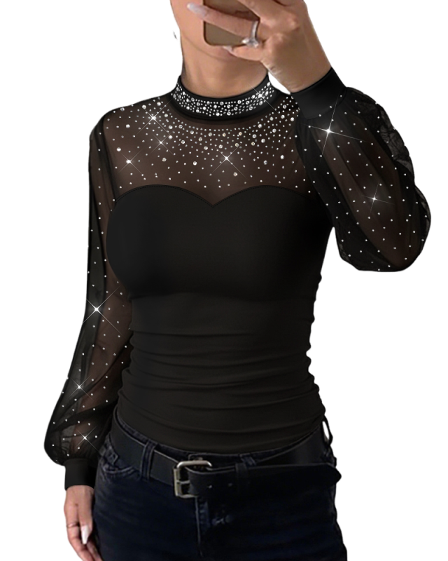 ChicMe Couture Women's Long Sleeve Rhinestone Mesh Spliced Top
