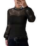 ChicMe Couture Women's Long Sleeve Rhinestone Mesh Spliced Top