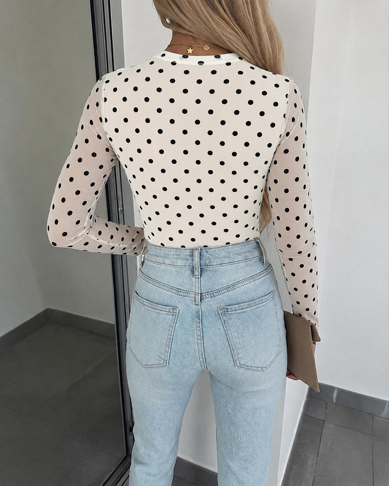 ChicMe Couture Women's Polka Dot Mesh Long Sleeve Top