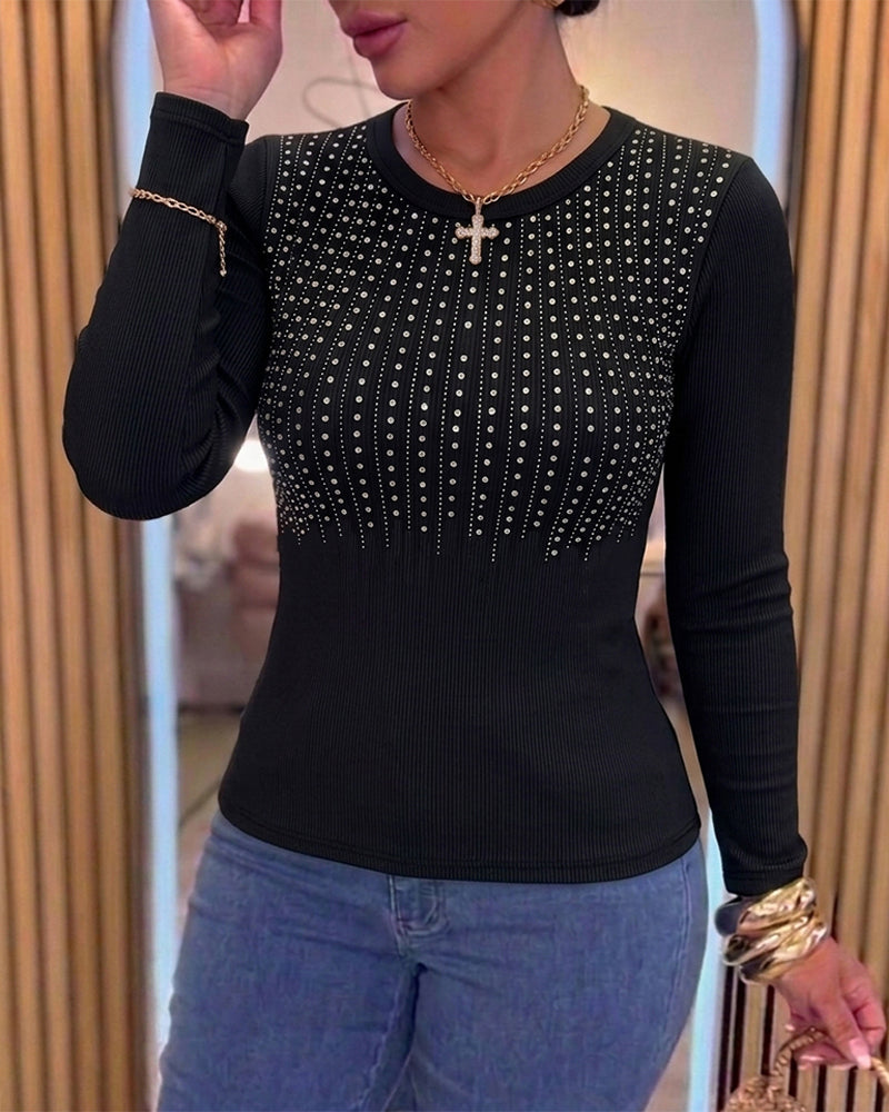 ChicMe Couture Women's Rhinestone Ribbed Knit Top Long Sleeve Shirt