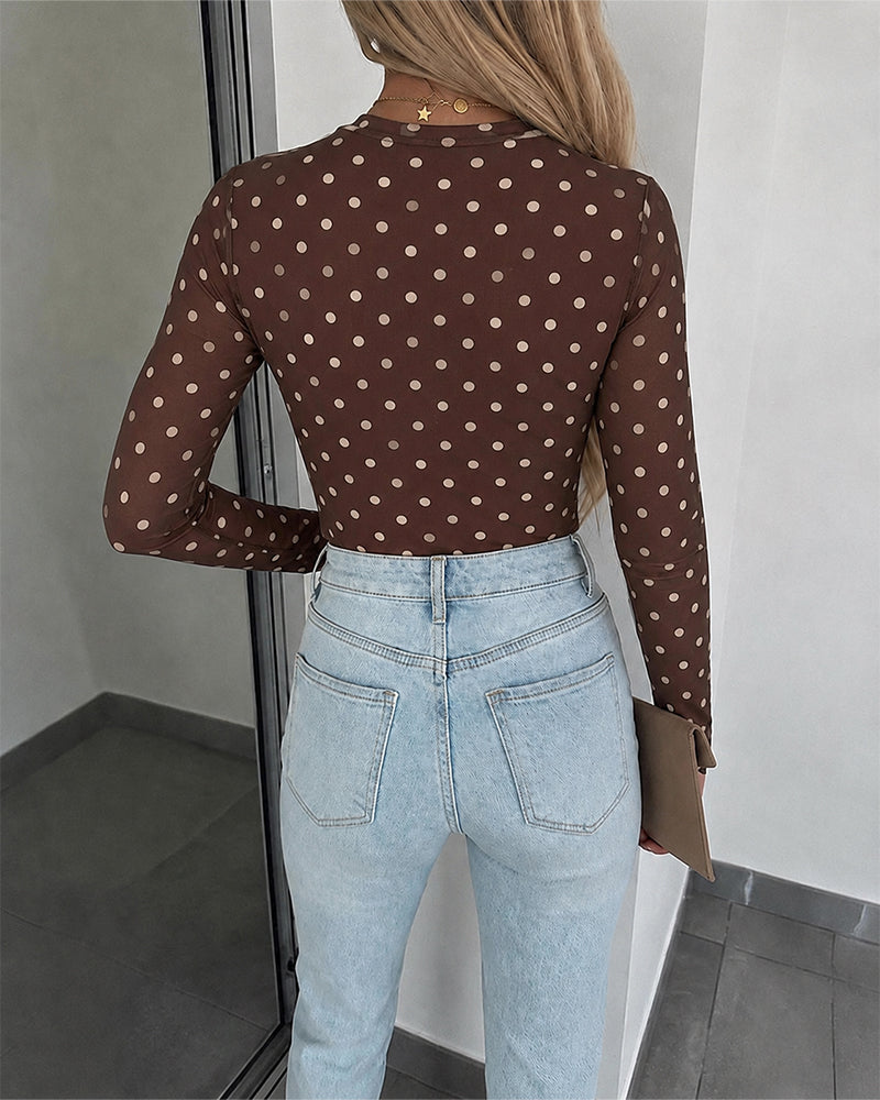 ChicMe Couture Women's Polka Dot Mesh Long Sleeve Top