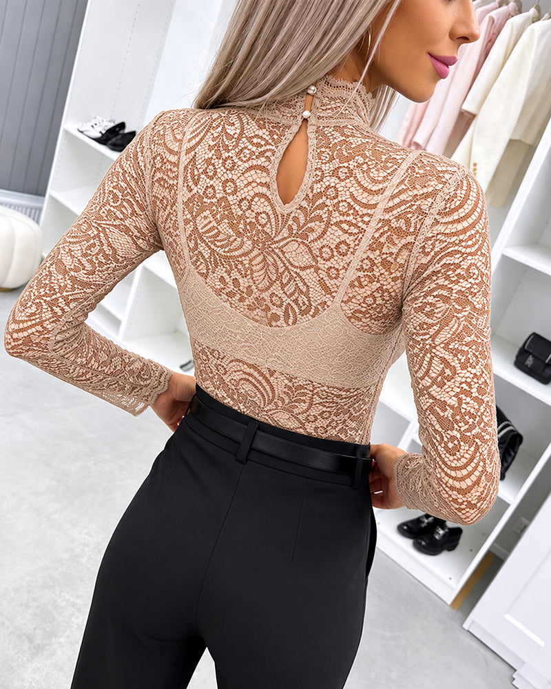 ChicMe Couture Women's Sheer Lace Mesh Long Sleeve Top