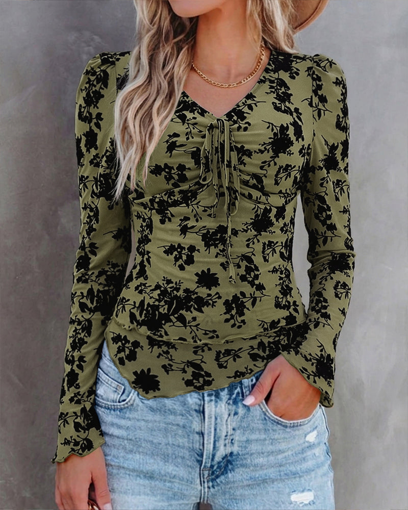 ChicMe Couture Women's Bell Sleeve Flocked Floral Mesh Top Lined Blouse Coffee Small