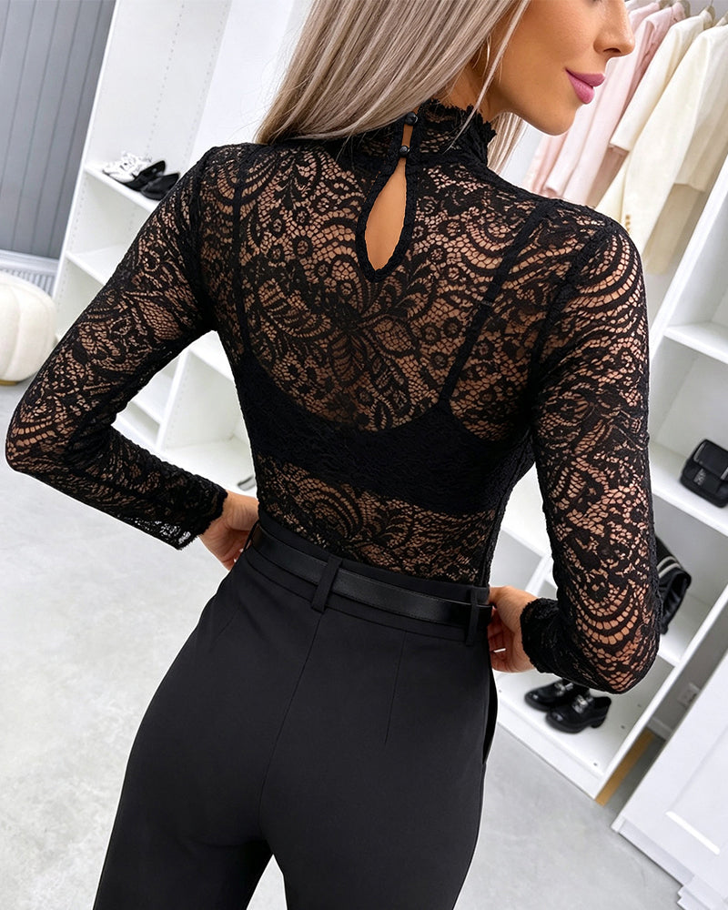 ChicMe Couture Women's Sheer Lace Mesh Long Sleeve Top
