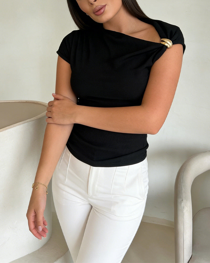ChicMe Couture Womens Summer Skew Neck Tops Going Out Fitting T Shirts Short Sleeve Ruched Asymmetrical Blouses