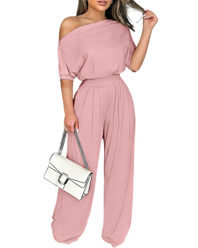 ChicMe Couture Women's One Shoulder Jumpsuit Batwing Sleeve High Waist Wide Leg Long Pants Rompers with Pockets