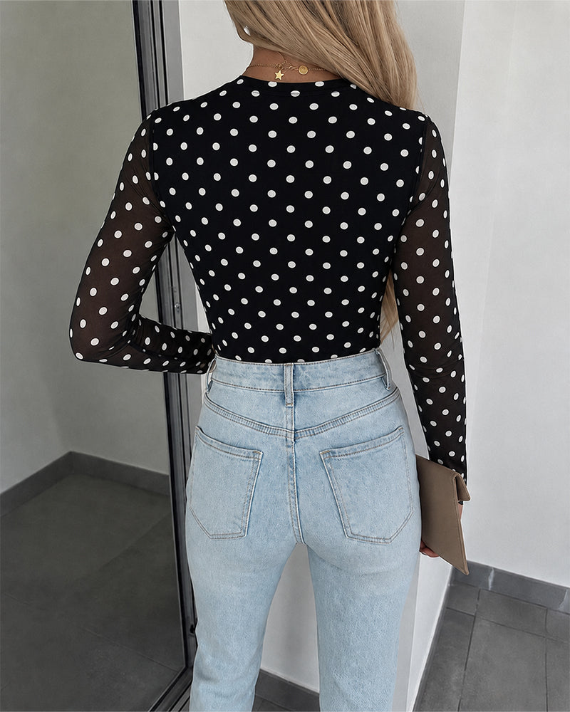 ChicMe Couture Women's Polka Dot Mesh Long Sleeve Top