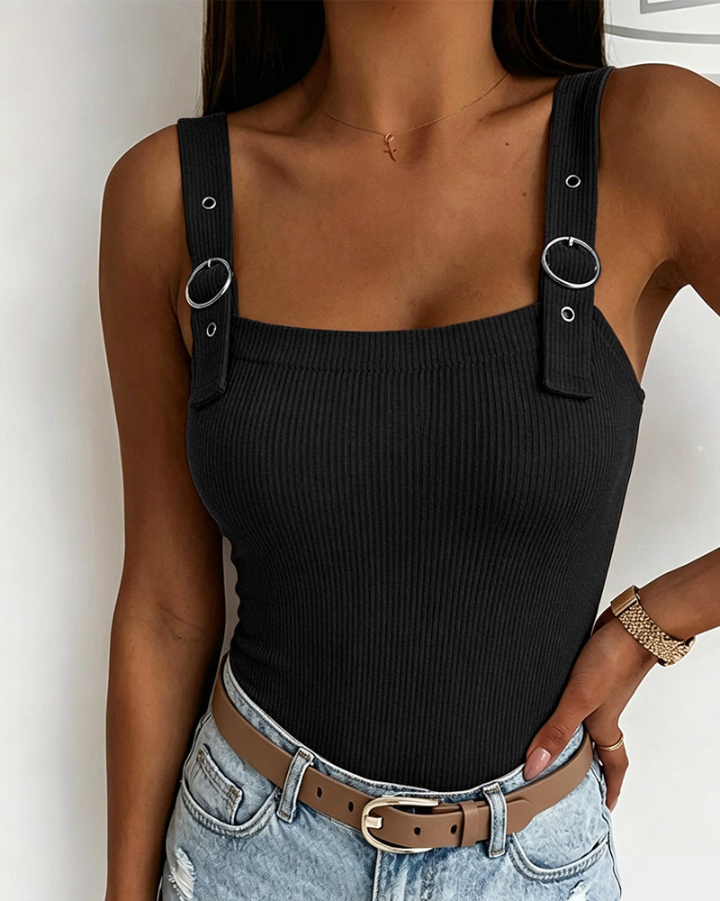 ChicMe Couture Tank Tops for Women Square Neck Ribbed Adjustable Strap Shirt Coffee Small