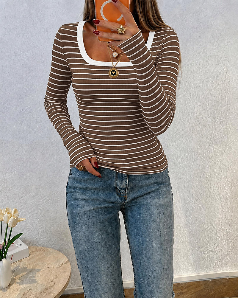 ChicMe Couture Women's Striped Long Sleeve U Neck Basic Tops