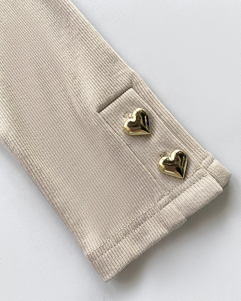 ChicMe Couture  Women's Square Neck Long Sleeve Heart Button Ribbed Top