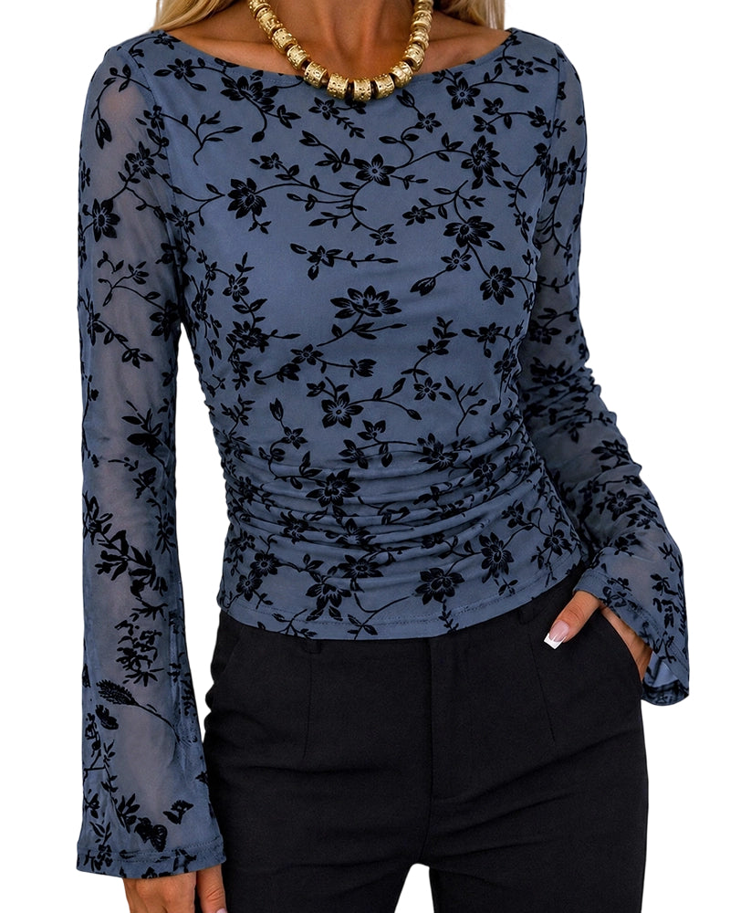 ChicMe Couture Women's Bell Sleeve Floral Mesh Top