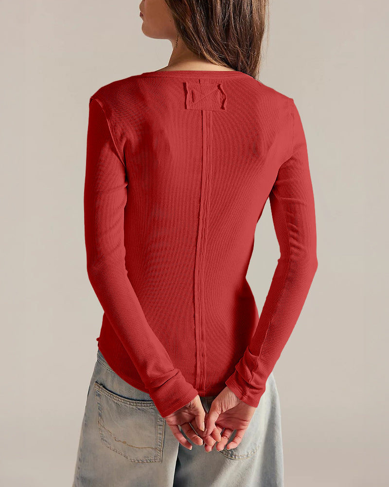 ChicMe Couture Women's Henley Long Sleeve Shirts Ribbed Button V Neck Top