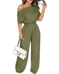 ChicMe Couture Women's One Shoulder Jumpsuit Batwing Sleeve High Waist Wide Leg Long Pants Rompers with Pockets