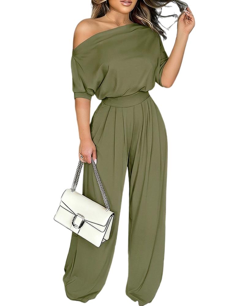 ChicMe Couture Women's One Shoulder Jumpsuit Batwing Sleeve High Waist Wide Leg Long Pants Rompers with Pockets