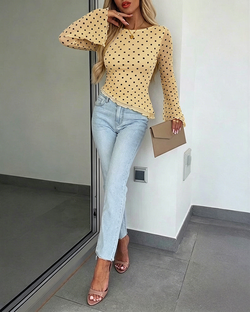 ChicMe Couture Womens Bell Sleeve Polka Dot Mesh Top Coffee Small