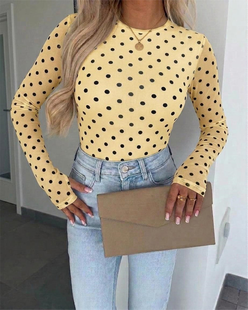 ChicMe Couture Women's Polka Dot Mesh Long Sleeve Top
