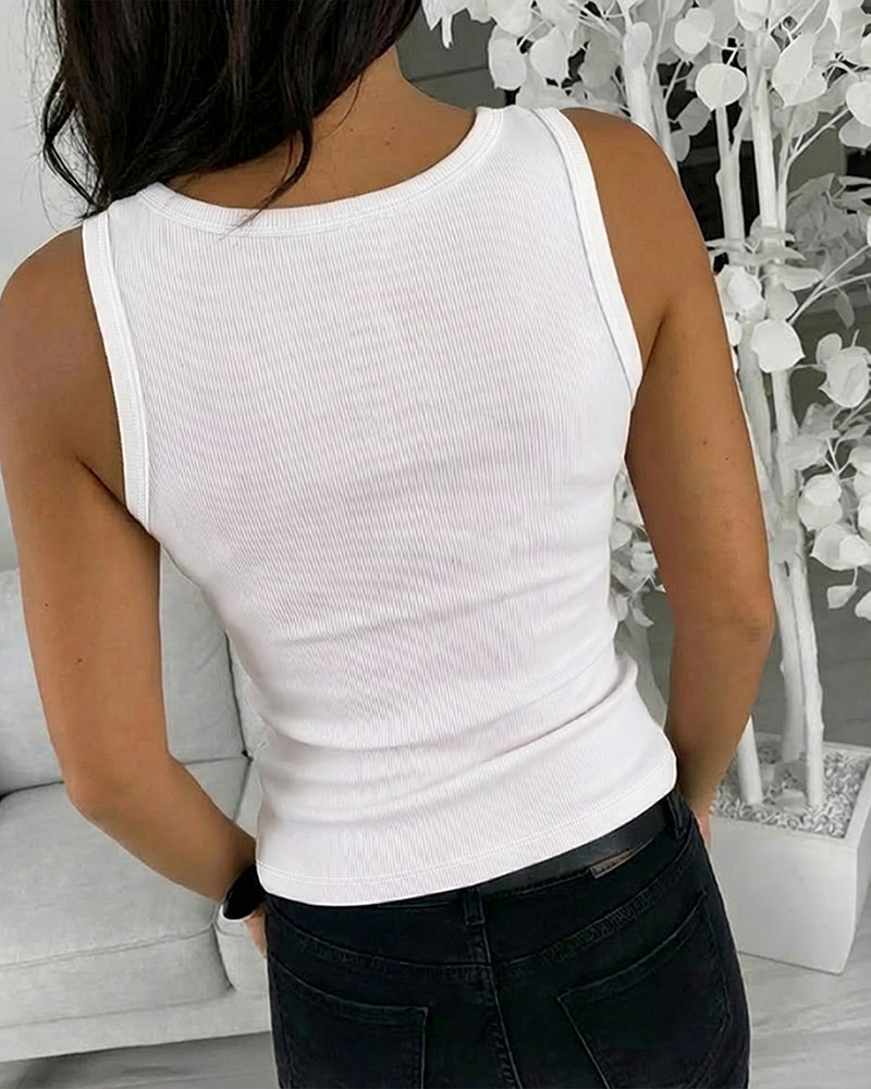 ChicMe Couture Womens Rhinestone Tank Top Fitted Ribbed Shirt Sparkly Rhinestone Ribbed Tank for Women, Flattering U Neck, Comfort Slim Fit Sleeveless Top for Casual & Going Out