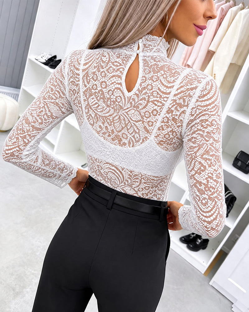 ChicMe Couture Women's Sheer Lace Mesh Long Sleeve Top