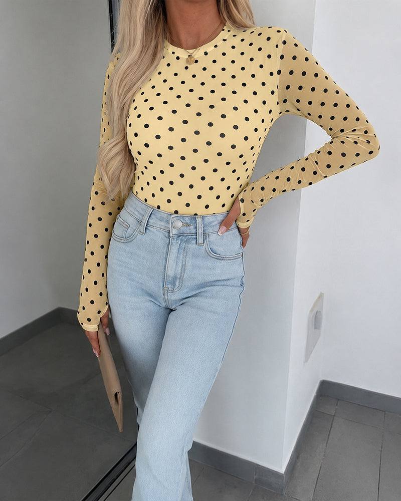 ChicMe Couture Women's Polka Dot Mesh Long Sleeve Top