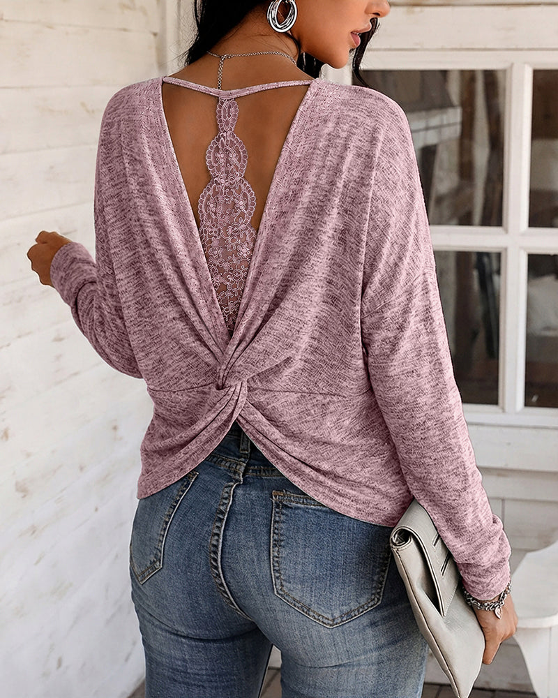 ChicMe Couture Women's Open Back Long Sleeve Top Backless Shirt Pink XX-Large