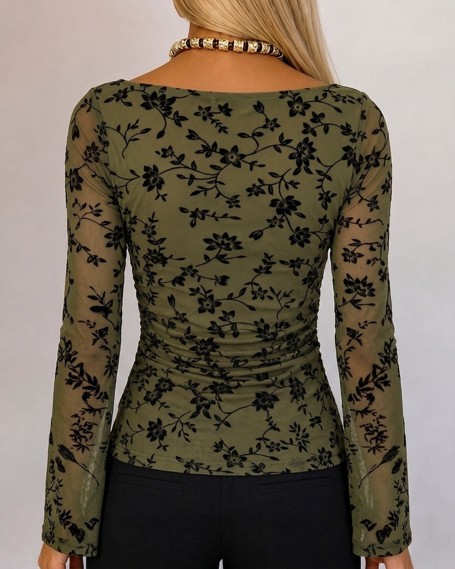 ChicMe Couture Women's Bell Sleeve Floral Mesh Top