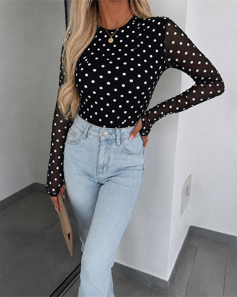 ChicMe Couture Women's Polka Dot Mesh Long Sleeve Top