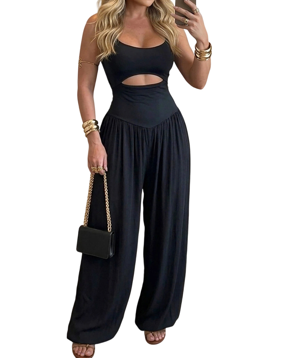 ChicMe Couture Wide Leg Jumpsuits for Women U Neck Cutout Tie Back Romper