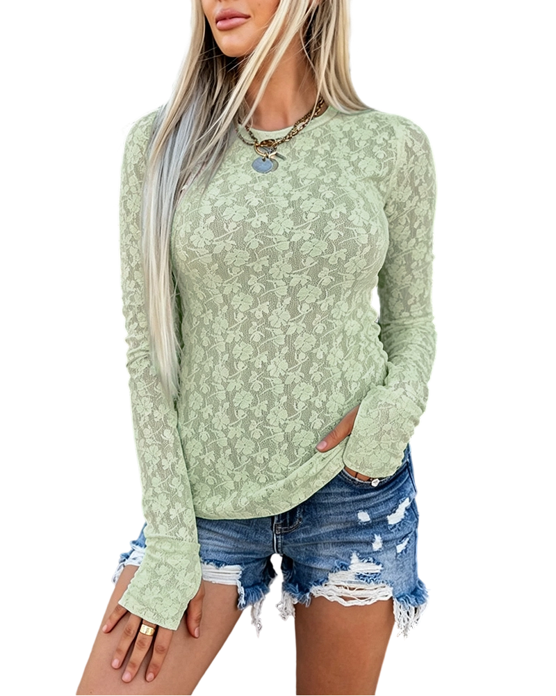 ChicMe Couture Women's Lace Sheer Long Sleeve Top Light Pink Small